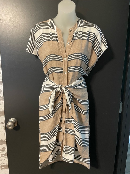 Uncle Frank Dresses & Skirts - Uncle Frank XS Linen Blend Striped Wrap Waist Shirt Dress Beige Made in USA
